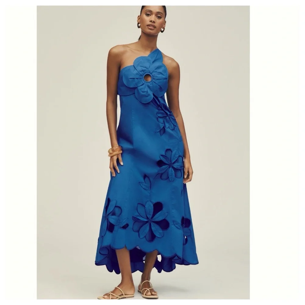 NWT Anthropologie One-Shoulder Cutwork Cutouts 3D Flower Blue Midi Dress - Picture 1 of 16